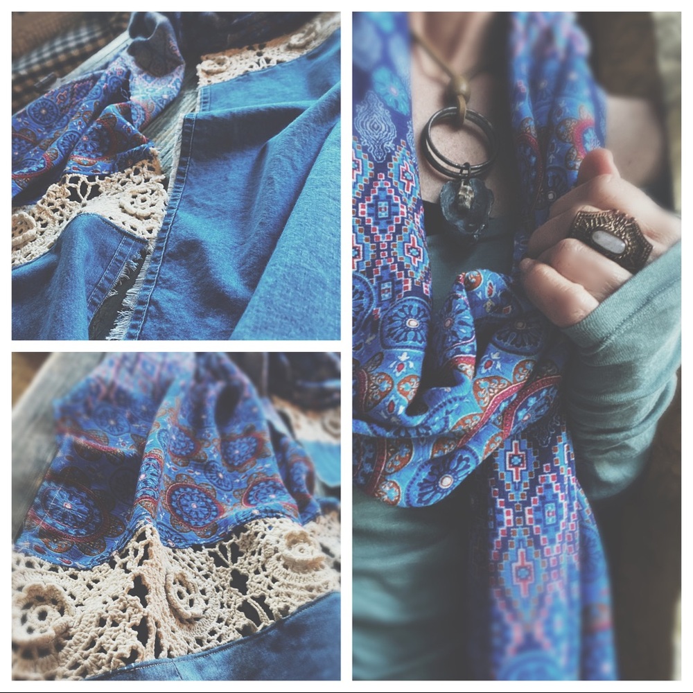 OOAK Artisan Denim Flair Raw Hem Wrap - 134” Long Aztec Medallion Scarf - Picture 4 of 16